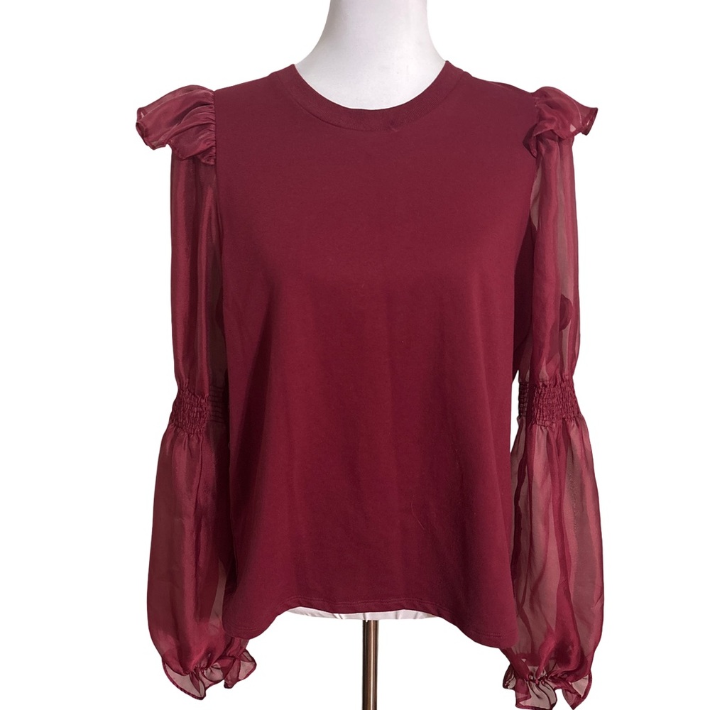 Womens Burgundy Long-Sleeve Puff Organza Sleeve Top